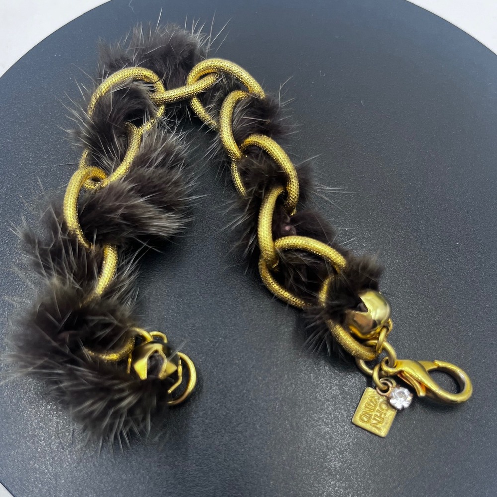 John Wind / Maximal Art Vintage Woven Gold Chain Brown Mink Bracelet